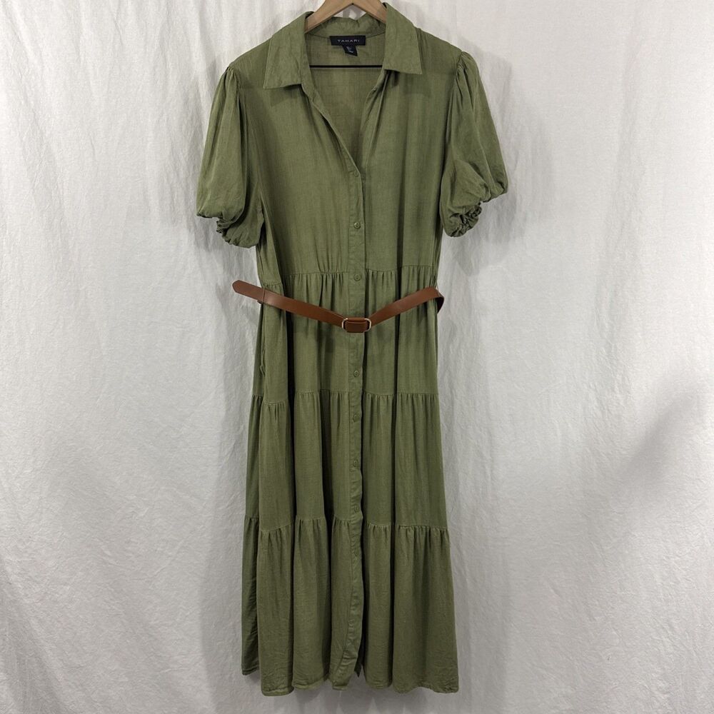 Tahari Green Tiered Belted Linen Blend Button Front Maxi Dress Sz L Summer Vacay